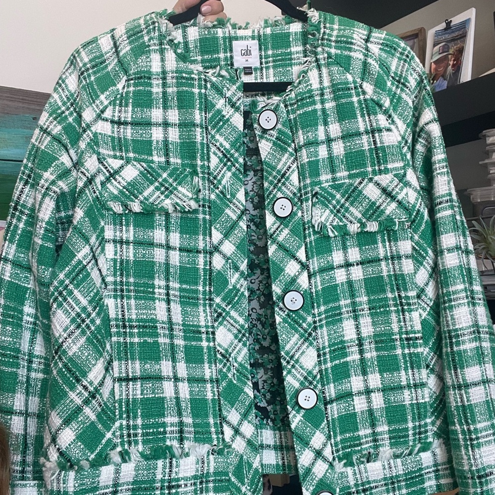 CAbi Green and White Plaid Blazer